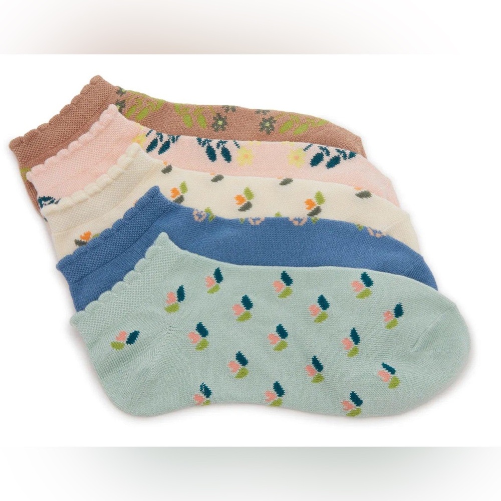 NEW NWT Crown 5 Pair Sock Set Vintage Floral No Show Scalloped Edge Bamboo